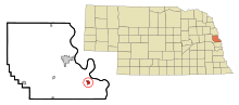 Washington County Nebraska Obszary włączone i nieposiadające osobowości prawnej Fort Calhoun Highlighted.svg