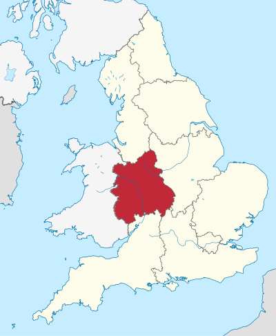 West Midlands, highlighted in red on a beige political map of England