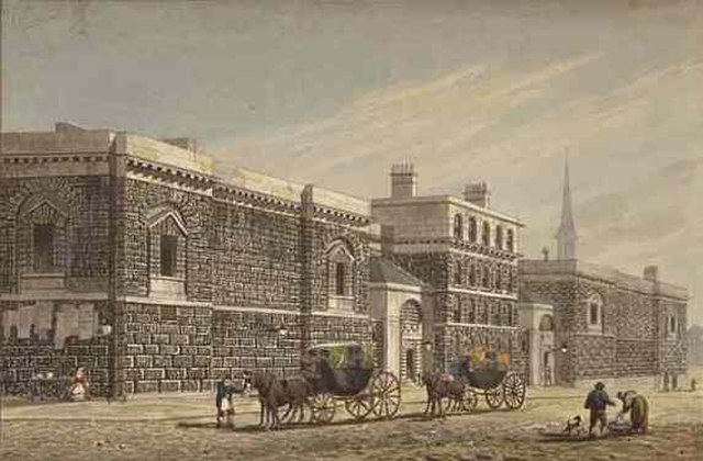 Newgate gaol in 1810. For much of its history, the "Old Baily" court (among other spellings seen) was attached to the jail.