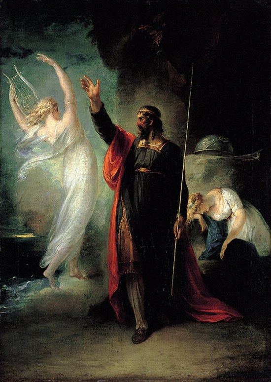 Ariel taking on an illusionary form, at Prospero's command, depicted by William Hamilton