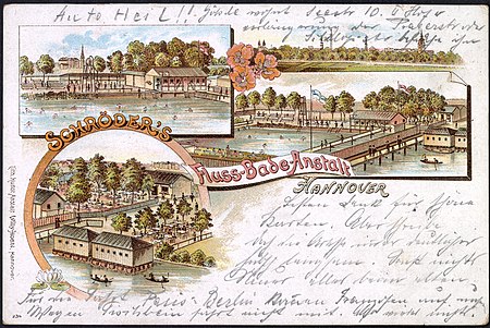 Willy Hoehl Ansichtskarte 234 Schröders Fluss Bade Anstalt Hannover, Vierbildkarte Lithografie