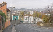 The view looking north from Alfred Road, Windmill Hill, Bedminster in Bristol. Prominent on the horizon are Cabot Tower and the Wills Tower of Bristol University. Windmillhill.jpg