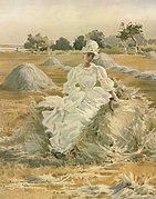 積み草の上に座る女性（版画）