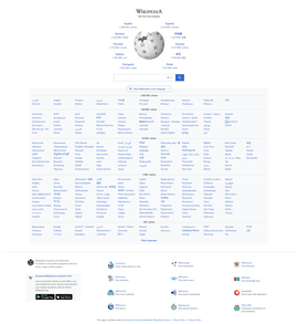 Trang chủ Wikipedia với đường liên kết đến nhiều ngôn ngữ khác.