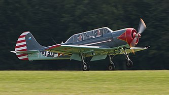 English: Yakovlev Yak 52 (reg. T7-UFO, built in 1989). Engine: M14. Deutsch: Jakowlew Jak 52 (Reg. T7-UFO, Baujahr 1989). Motor: M14.