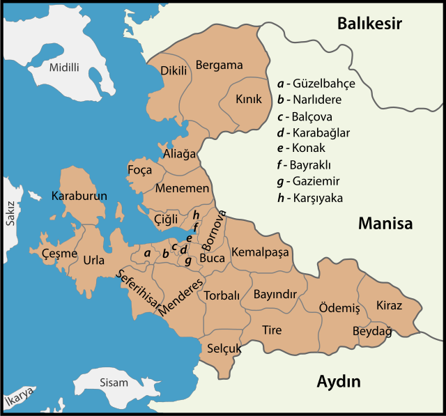 Mapa dos distritos da província de Esmirna
