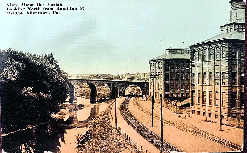 File:1910 - View along the Jordan - Looking North From Hamilton Street - Postcard - Allentown PA.jpg