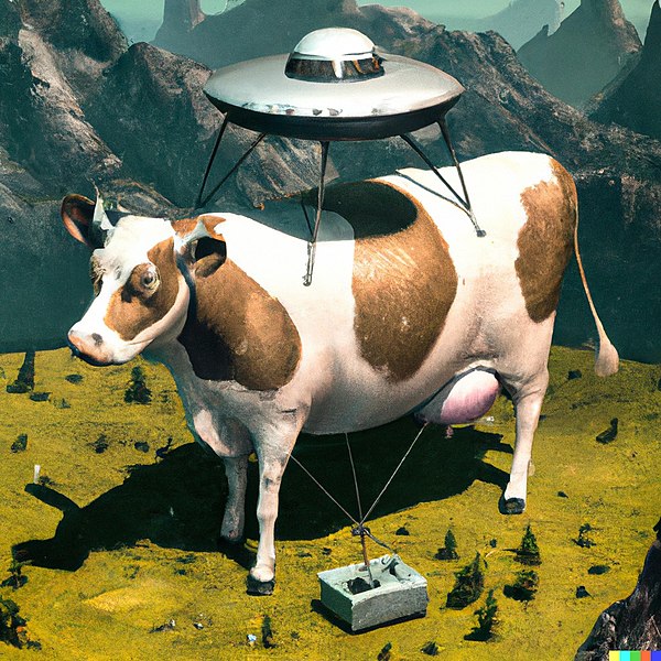 An image generated with DALL-E 2 based on the text prompt "1960's art of cow getting abducted by UFO in midwest"