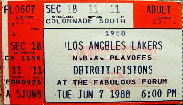 A ticket for Game 1 of the 1988 NBA Finals at The Forum.