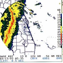 The Derecho moves into the Florida coast during the overnight hours of March 13, 1993 1993 fl derecho.jpg