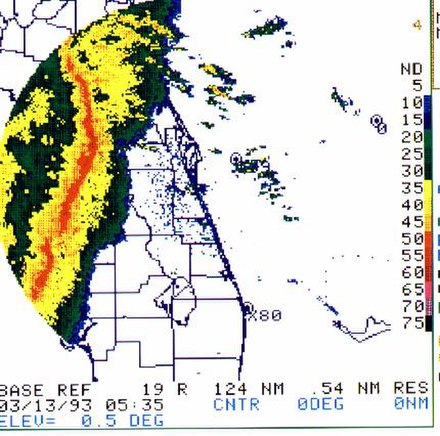 The Derecho moves into the Florida coast during the overnight hours of March 13, 1993