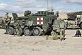U.S. Soldiers assigned to the 1ST Battalion, 37th Field Artillery Regiment, 1st Stryker Brigade Combat Team, 2nd Infantry Division, Joint Base Lewis-McChord Wa., prepare operations on a M1133 Medical Evacuation Vehicle in order to move to another location during Decisive Action Rotation 20-05 at the National Training Center in Fort Irwin, California, Mar. 14, 2020. Decisive Action Rotations at the National Training Center ensure Army Brigade Combat Teams remain versatile, responsive, and consistently available for current and future contingencies (U.S. Army photo by Staff Sgt. Julie Jaeger, Operations Group, National Training Center.)