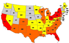 2004 voting machine problems. Red=100+, Orange=10-99, Yellow=1-9, Gray=0 2004 us voting machine problems.png