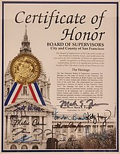 San Francisco Board of Supervisors Certificate of Honor presented to the Heritage