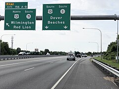 2022-07-18 10 03 23 View south along Delaware State Route 1 (Korean War Veterans Memorial Highway) at Exit 156 (U.S. Route 13 NORTH, Delaware State Route 71 SOUTH, Wilmington, Red Lion) in Bear, New Castle County, Delaware.jpg