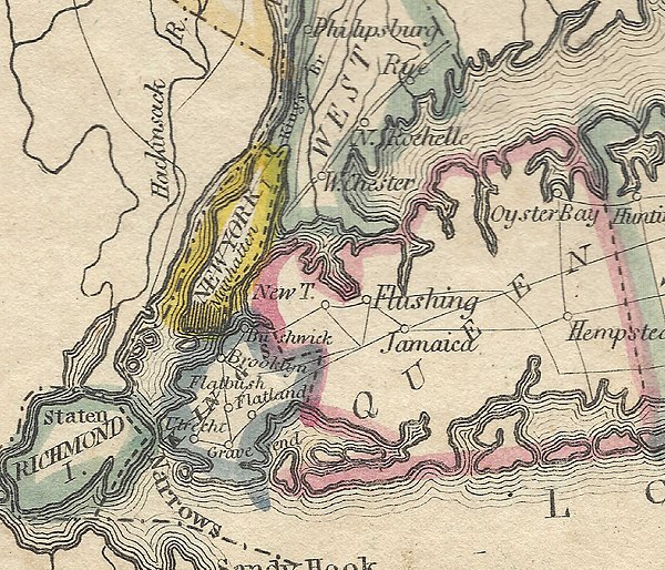 The current five boroughs of Greater New York as they appeared in 1814. The Bronx was part of Westchester County, Queens County included modern Nassau