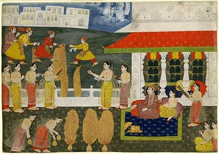 A firework display for Muḥammad Sháh, portrayed seated and leaning against a bolster
