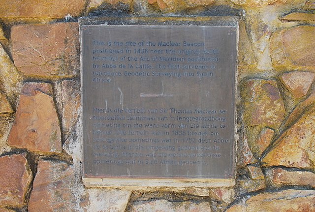 A memorial to the Abbé de Lacaille and Thomas Maclear, at Aurora in the Western Cape of South Africa. The English portion of the inscription reads: "T