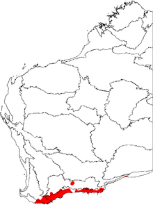 mapa západní Austrálie s vyznačenými floristickými oblastmi a oblast dole označená červeně