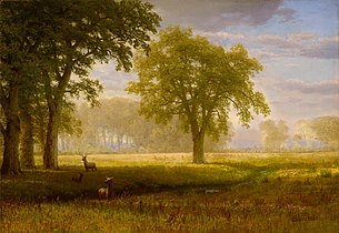 "Elk in Oak Grove" by Albert Bierstadt (1875)