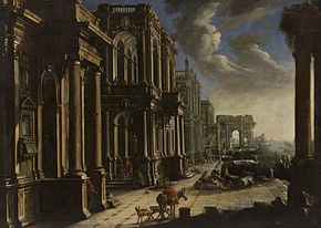 View with architecture, triumphal arch and figures