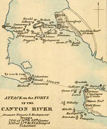 Contemporary map showing the Second Battle of Chuenpi (bottom) and the subsequent Battle of the Bogue (top) Attack on the Forts in the Canton River.jpg