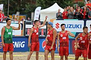 Deutsch: Beachhandball Europameisterschaften 2019 (Beach handball Euro); Tag 6: 7. Juli 2019 – Spiel um Platz Drei, Männer, Ungarn-Russland 2:0 (26:20, 23:22) English: Beach handball Euro; Day 6: 7 July 2019 – Men's Bronze Medal Match – Hungary-Russia 2:0 (26:20, 23:22)