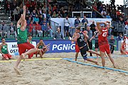 Deutsch: Beachhandball Europameisterschaften 2019 (Beach handball Euro); Tag 6: 7. Juli 2019 – Spiel um Platz Drei, Männer, Ungarn-Russland 2:0 (26:20, 23:22) English: Beach handball Euro; Day 6: 7 July 2019 – Men's Bronze Medal Match – Hungary-Russia 2:0 (26:20, 23:22)