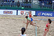 Deutsch: Beachhandball Europameisterschaften 2019 (Beach handball Euro); Tag 4: 5. Juli 2019 – Frauen, Viertelfinale, Kroatien-Ukraine 2:0 (21:20, 21:18) English: Beach handball Euro; Day 4: 5 July 2019 – Quarter Final Women – Croatia-Ukraine 2:0 (21:20, 21:18)