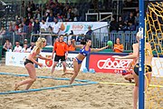 Deutsch: Beachhandball Europameisterschaften 2019 (Beach handball Euro); Tag 5: 6. Juli 2019 – Frauen, Halbfinale, Ungarn-Niederlande 2:0 (19:16, 15:12) English: Beach handball Euro; Day 5: 6 July 2019 – Semifinal Women – Hungary-Netherlands 2:0 (19:16, 15:12)