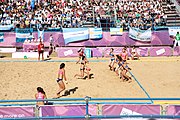 Deutsch: Beachhandball bei den Olympischen Jugendspielen 2018; Tag 3, 9. Oktober 2018; Mädchen, Vorrunde, Gruppe A - Chinese Taipei (Taiwan)-Mauritius 2:0 English: Beach handball at the 2018 Summer Youth Olympics at 9 October 2018 – Girls Preliminary Round Group A‎ – Chinese Taipei-Mauritius 2:0