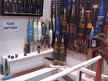 A variety of grenades, artillery shells, mortar shells and other ammunition produced by Pakistan Ordnance Factories, on display at IDEAS. Bomb Shells produced at POF WAH.jpg