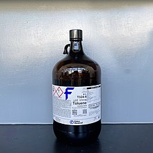 Toluene (or methylbenzene) is a common chemical found in chemistry laboratories. Bottle of Toluene.jpg