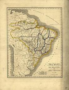 ขอบเขตของบราซิลใน ค.ศ. 1821 เมื่อร่วมรัฐกับสหราชอาณาจักรโปรตุเกส บราซิล และแอลการ์ฟ[2]