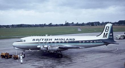 British Midland Canadair C-4 G-ALHG at Manchester Airport on 29 August 1965.