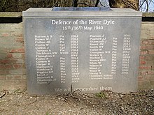 Plaque to the British soldiers who died defending the bridge over the River Dyle at Gastuche near Wavre; 15 and 16 May 1940. British soldiers who died at the river Dyle.JPG