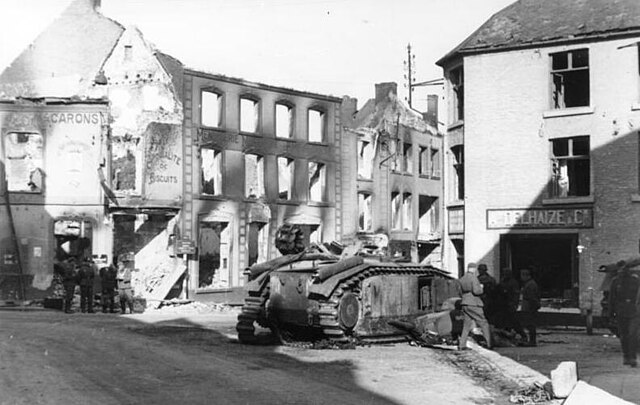 War damage in the Walloon town of Beaumont incurred during the fighting in May 1940