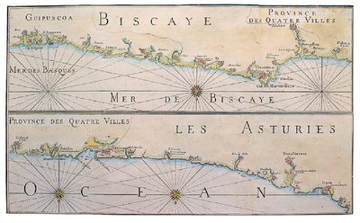 “Carte de la côte septentrionale d’Espagne”. Chez Ian van Creulen, 1695. Holandar jatorriko itsas kartografia. Holandarrak, ingelesekin batera, nagusi ziren mapagintza-mota horretan. (Argazkia: J. G. Bilduma: J.R. S.).