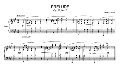 An example of modern musical notation: Prelude, Op. 28, No. 7, by Frederic Chopin Play Chopin Prelude 7.png