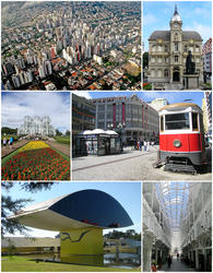 Aerial photograph;  Paço da Liberdade at Praça Generoso Marques;  Palácio Avenida with Rua das Flores;  Rua 24 Horas;  Museu Oscar Niemeyer and Jardim Botânico.