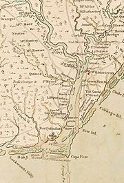 A map depicting a stretch of the Cape fear river approximately 18 miles long between its mouth and where the Cape Fear River divides into two branches
