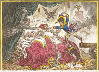 In Comforts of a Bed of Roses (1806), James Gillray caricatured Charles James Fox in the last few months of his life, which were neither easy nor peaceful. Comforts-of-a-Bed-of-Roses-Gillray.jpeg