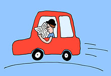 Dibujo estilo cómic de un hombre leyendo mientras conduce.