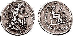 Denarius picturing Quirinus on the obverse, and Ceres on the reverse. Denarius C. Memmius C. F. Romulus.jpg