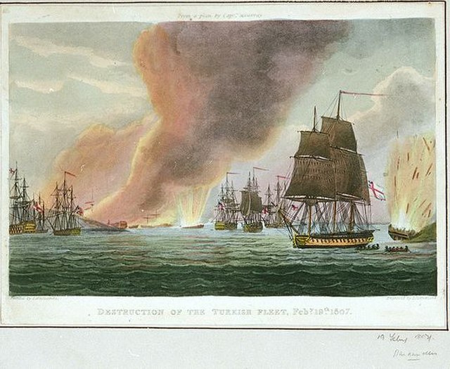 Destruction of the Turkish Fleet Feby 19th 1807, coloured engraving after Thomas Whitcombe