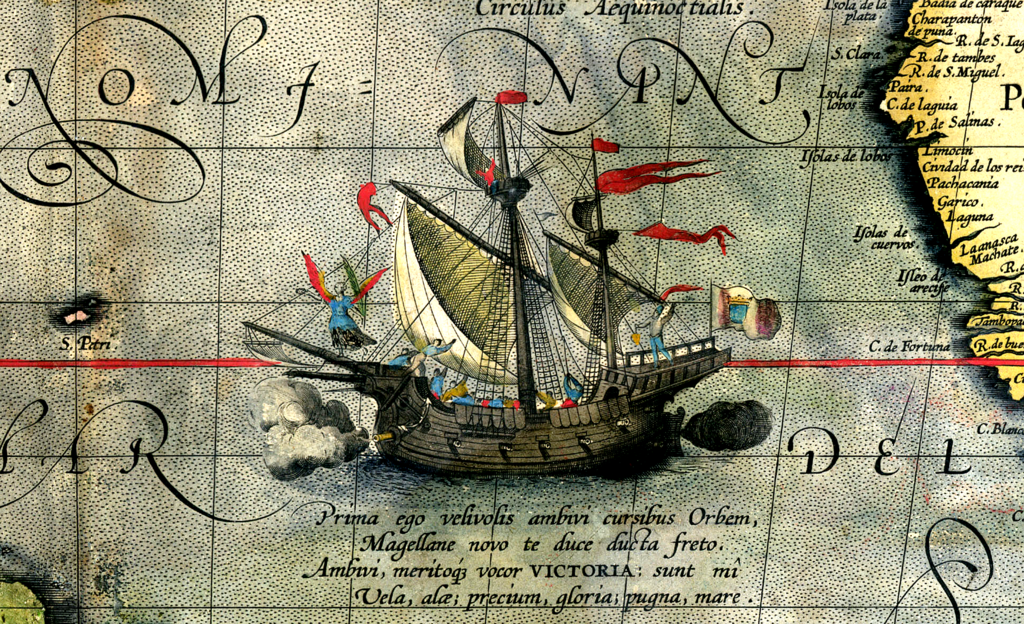  Detail from a map of Ortelius - Magellan's ship Victoria 