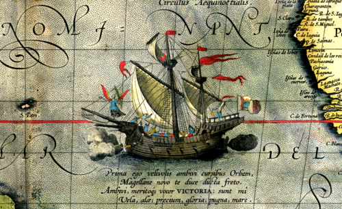 Detail van een kaart uit 1590 met een afbeelding van de Victoria