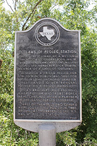 Doom of the
OUTLAWS OF PEGLEG STATION,
Kimble County, Texas Historical Marker Doom of the Outlaws of Pegleg Station, Kimble County, Texas Historical Marker (7975201660).jpg