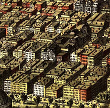 Currier and Ives' 1874 map of Chicago shows low-rise buildings constructed after the fire of 1871 Downtown Chicago, 1874.jpg