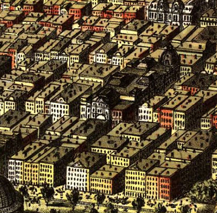 Currier and Ives' 1874 map of Chicago shows low-rise buildings constructed after the fire of 1871